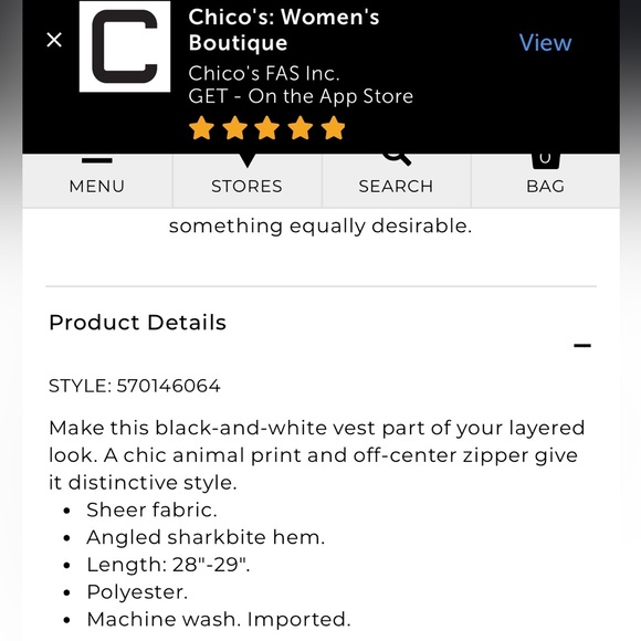 Chico’s black and white vest. Chic animal print with an off-center zipper. - Picture 8 of 8